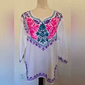Floral Embroidered White Tunic with Pink and Purple Details XL